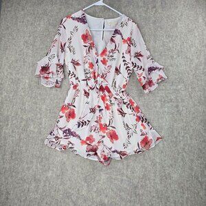 Honey Punch Floral Ruffled Romper With Tie Waist & V-Neck Design